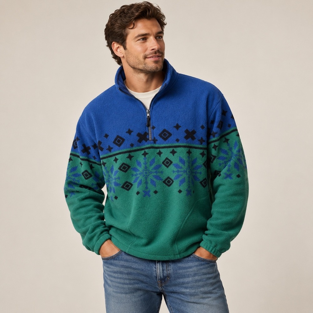 Cheetah 90's Y2K Green Blue Geometric Fleece Pullover, L
